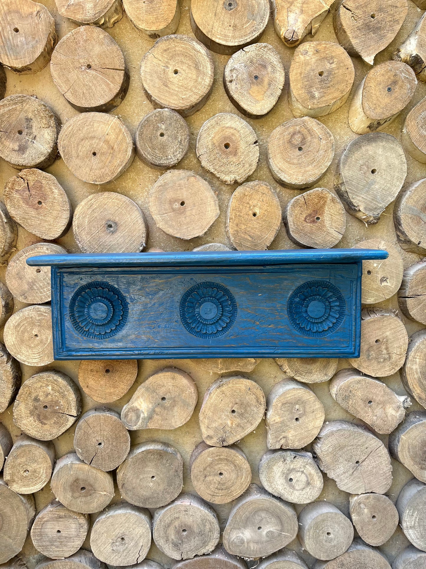 Wood Blue Carved Shelf