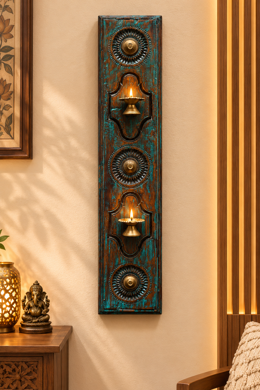 Old Carved Diya Panel ￼