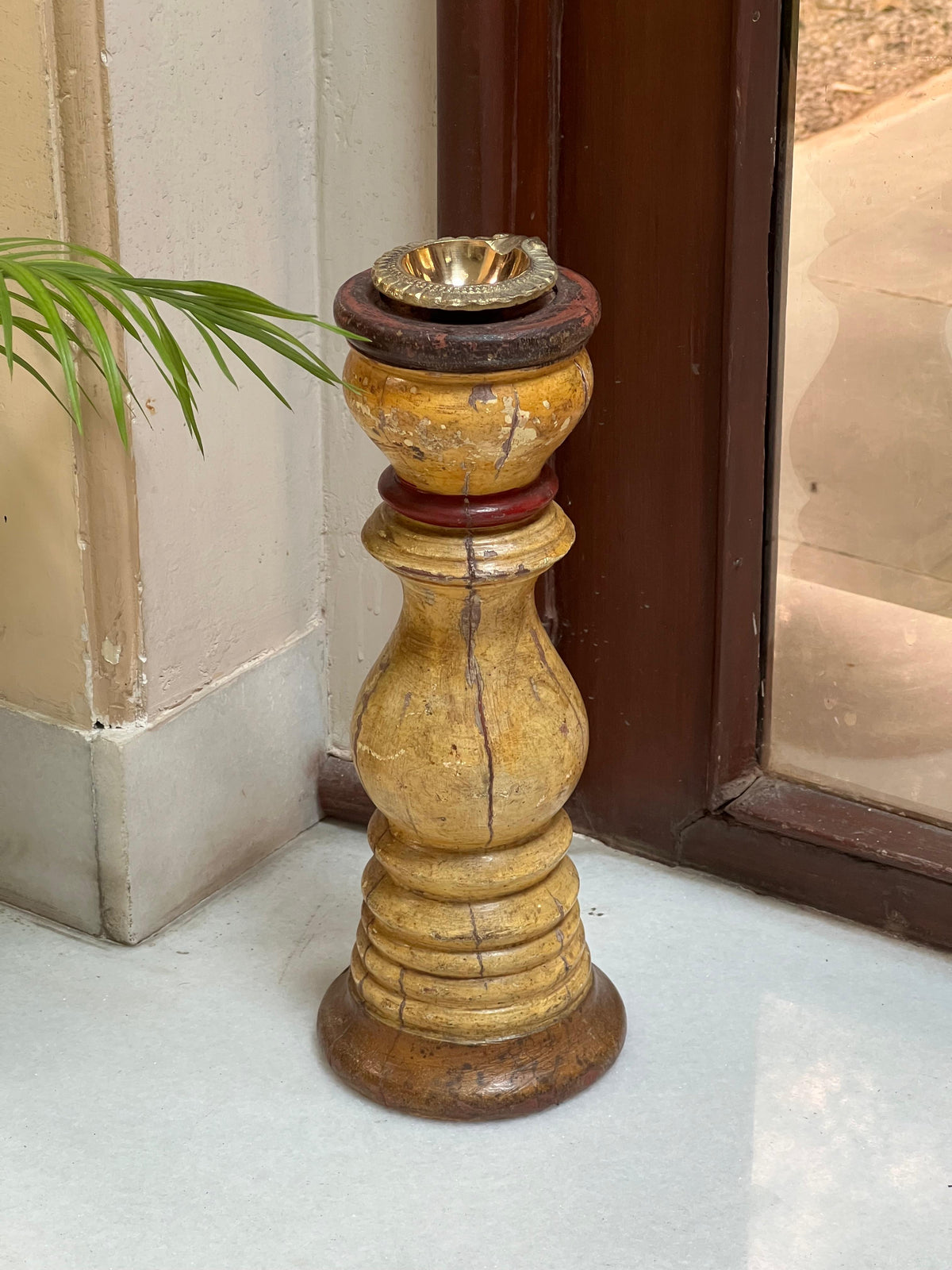 Wood Pillar Old Brass Diya
