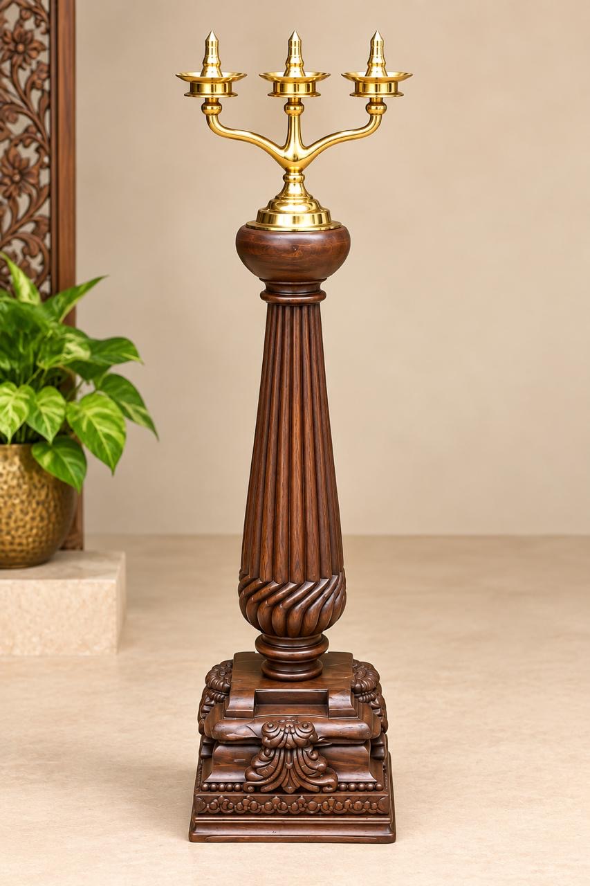 Wood Brass Diya With Stand
