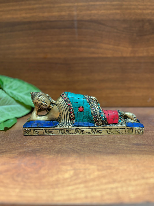 Brass ￼sleeping Budha Stone Work