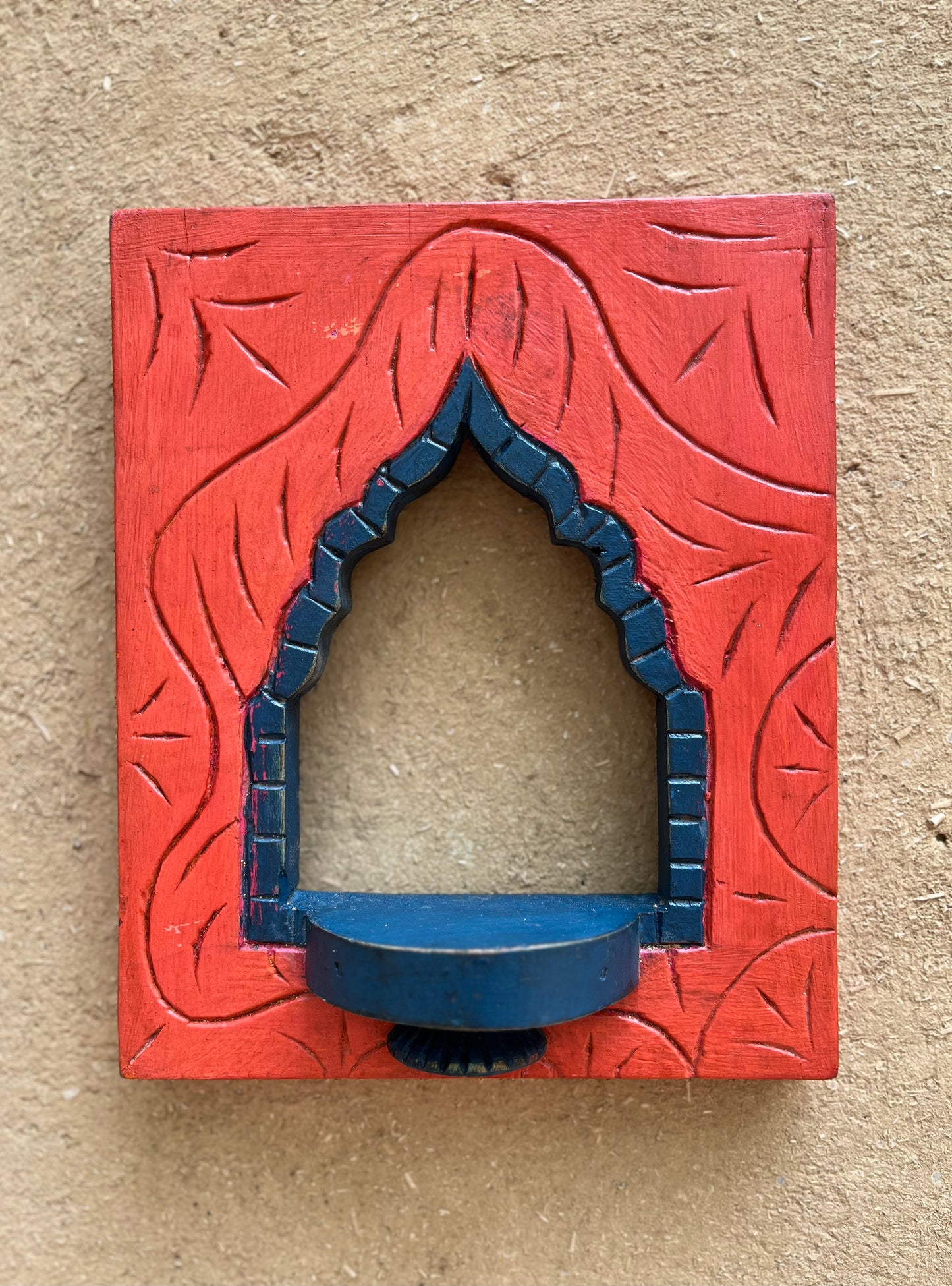 Wooden Orange painted Jharokha Lamp