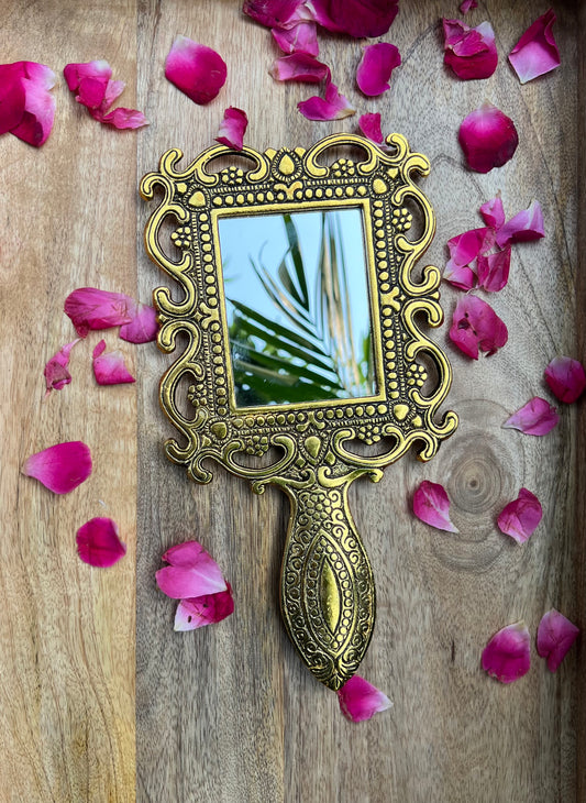 Metal Hand Mirror with Gold Finish