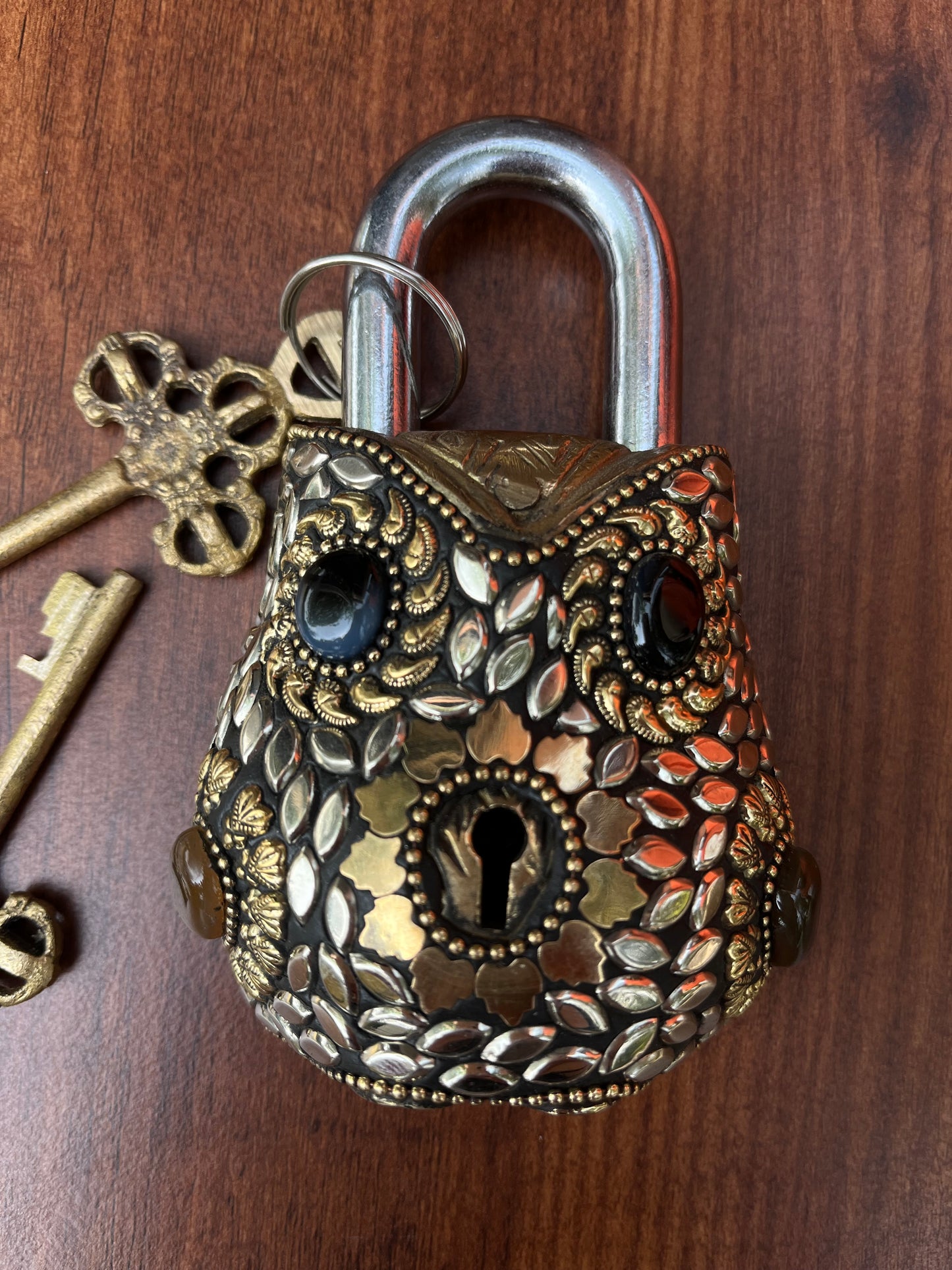 Brass Owl  Lock Antique Finish Stone Work & 2 keys