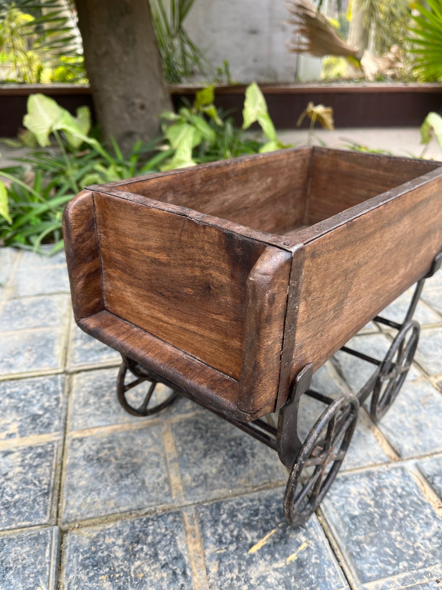 Wooden old Brick Mould wheel planter Stand