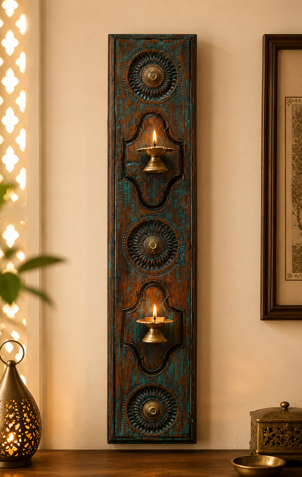 Old Carved Diya Panel ￼