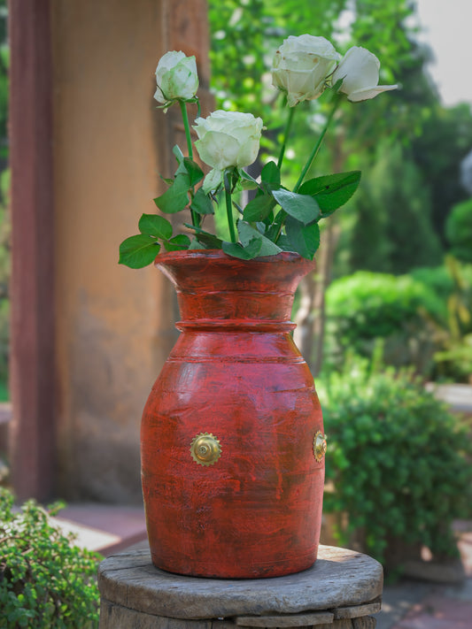 Wood Hand Crafted Pot With Brass flower