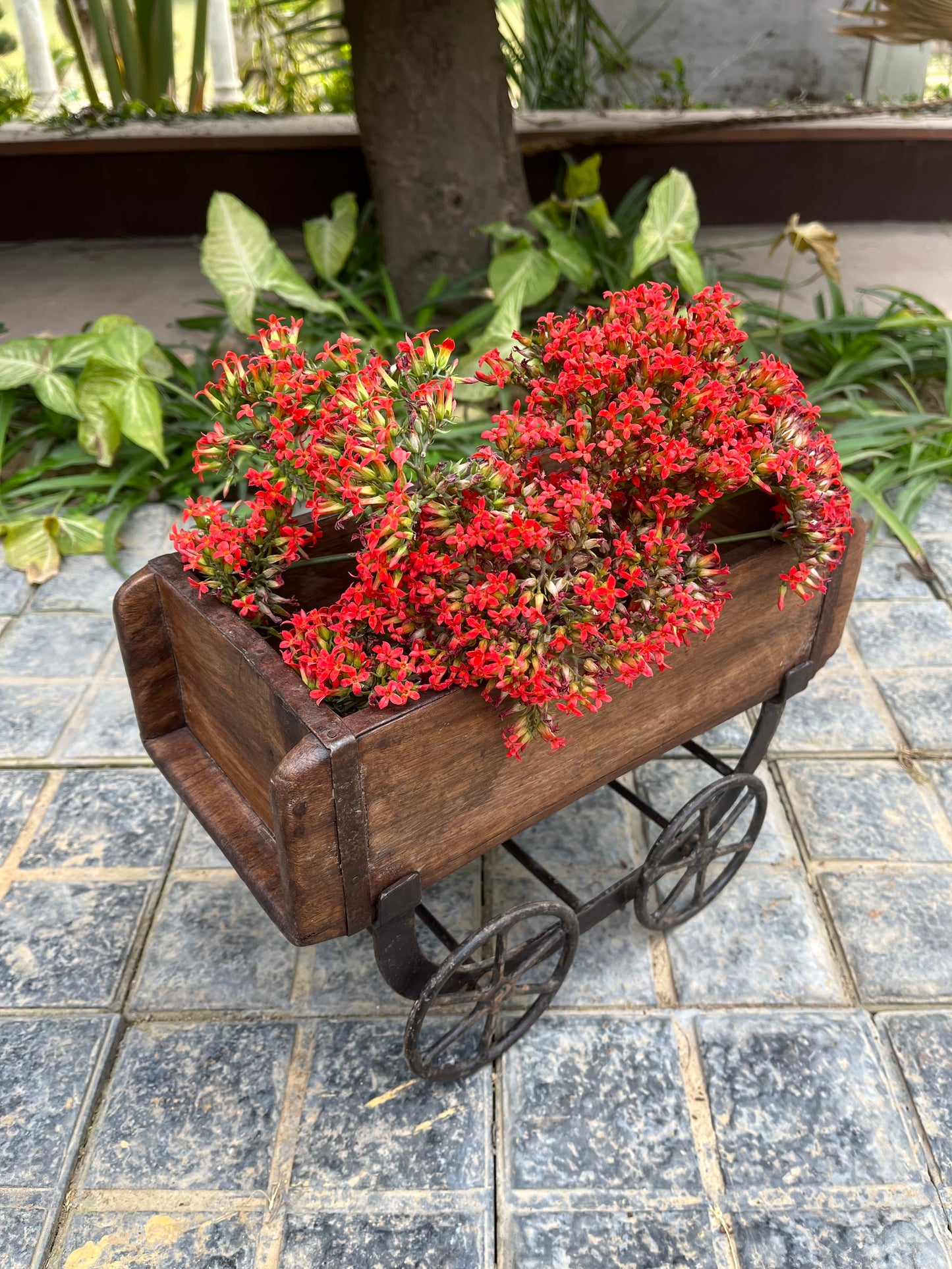 Wooden old Brick Mould wheel planter Stand