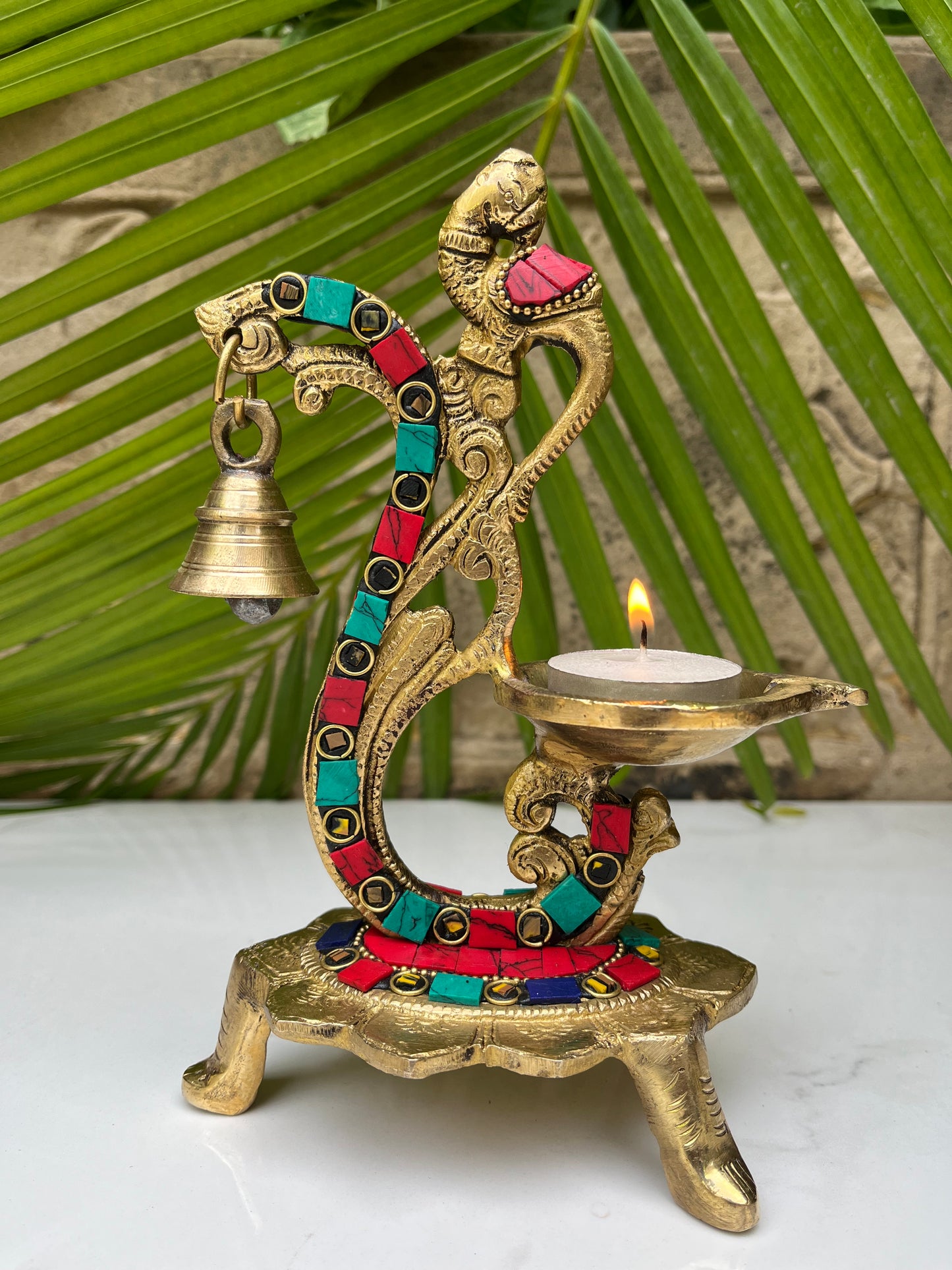 Elegant Brass Stone Deepak Oil Lamp With Bell