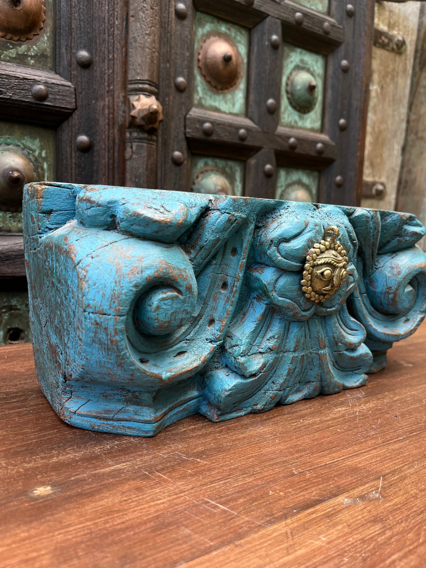 Vintage Hand Carved Blue Bracket