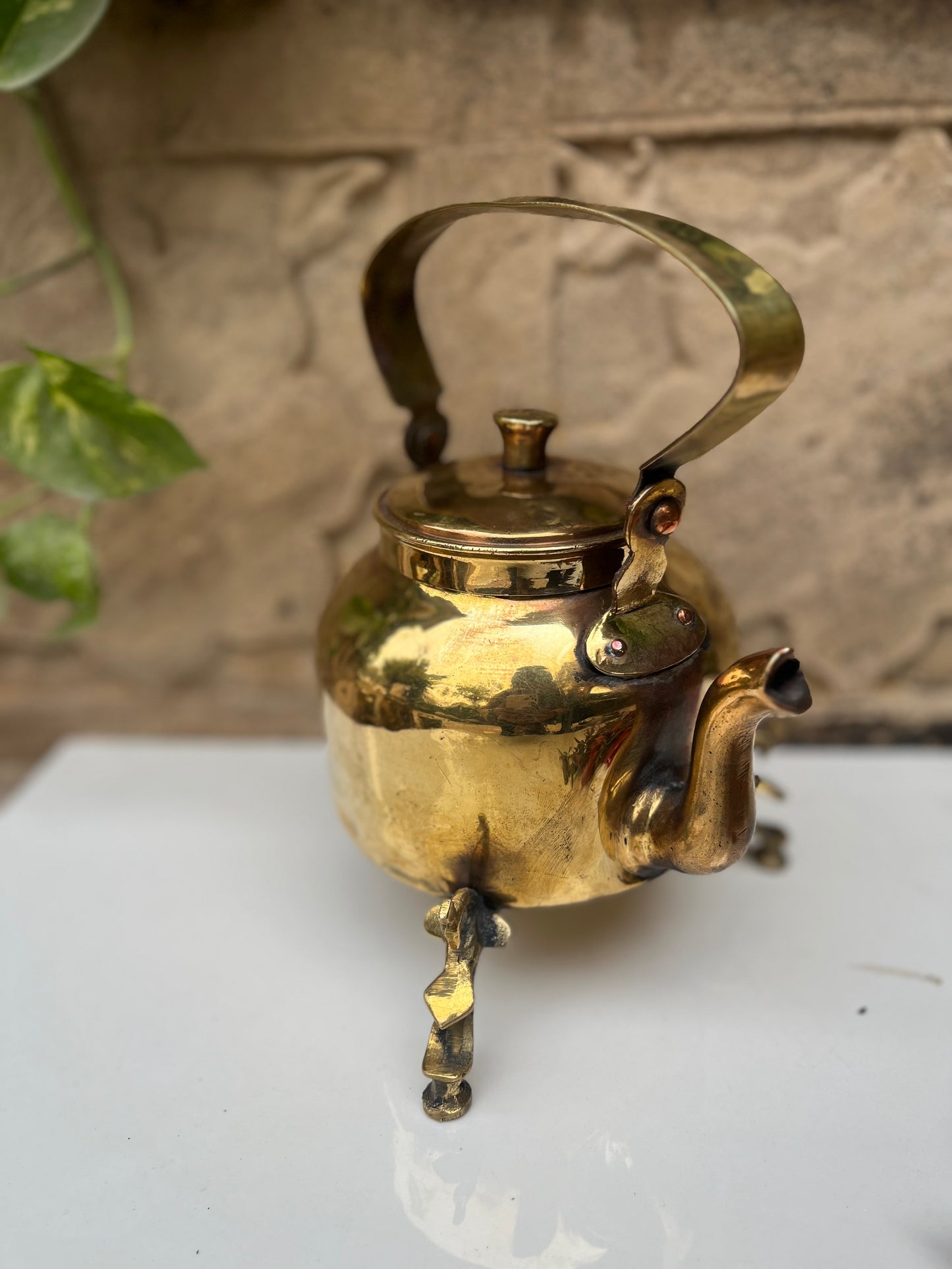 Vintage Brass Kettle Peacock Stand