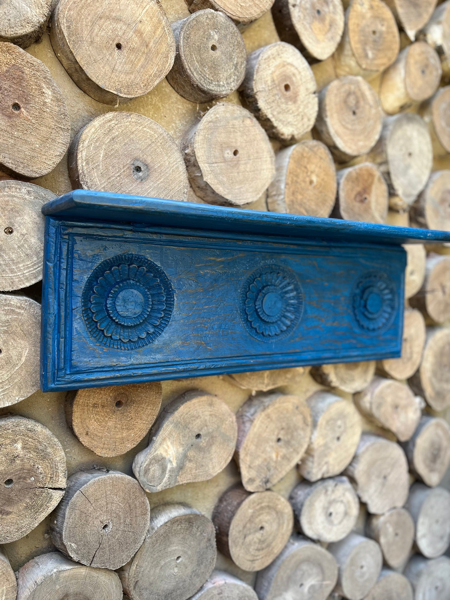 Wood Blue Carved Shelf