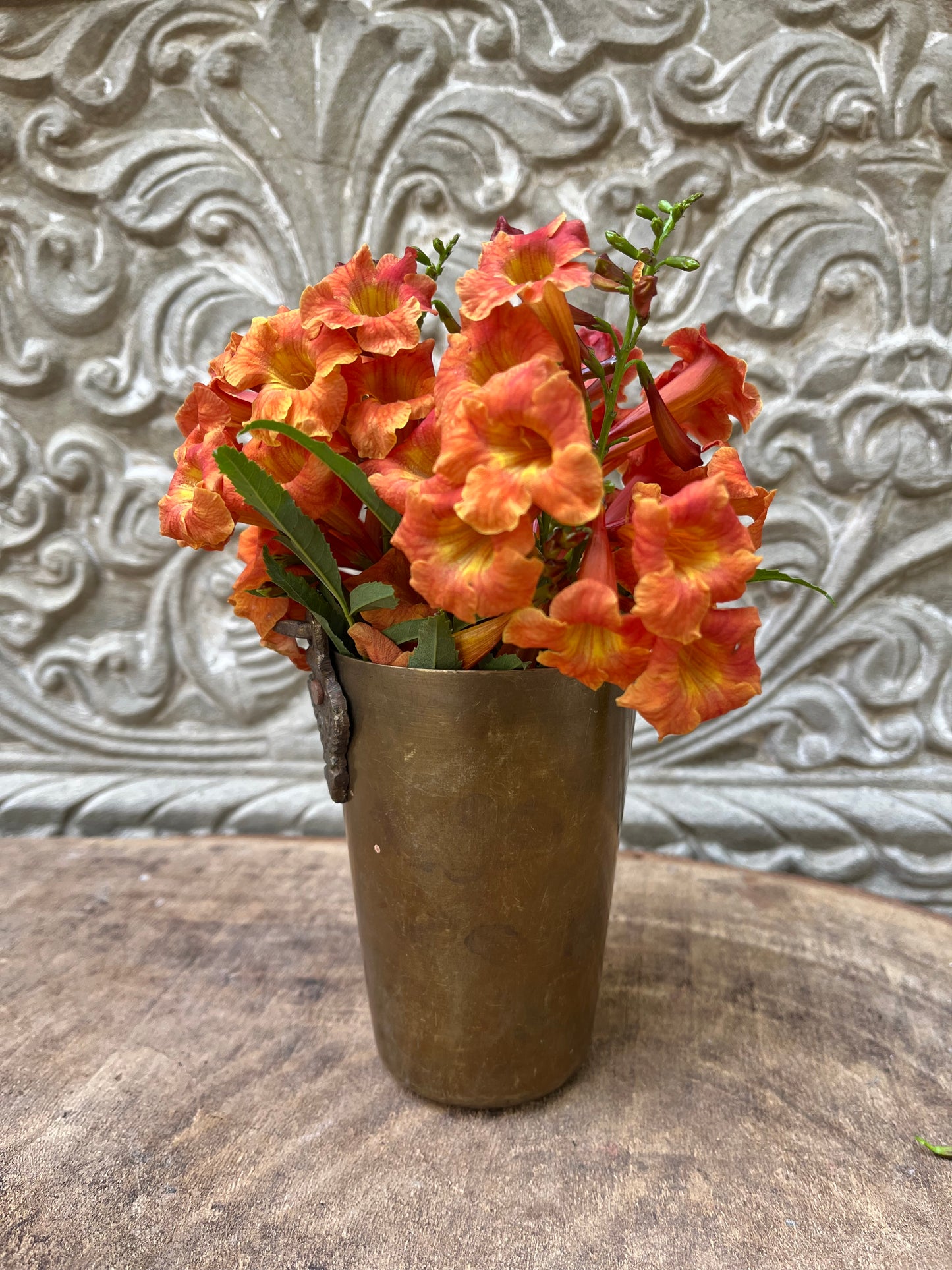 Vintage Brass Glass Flower Pot