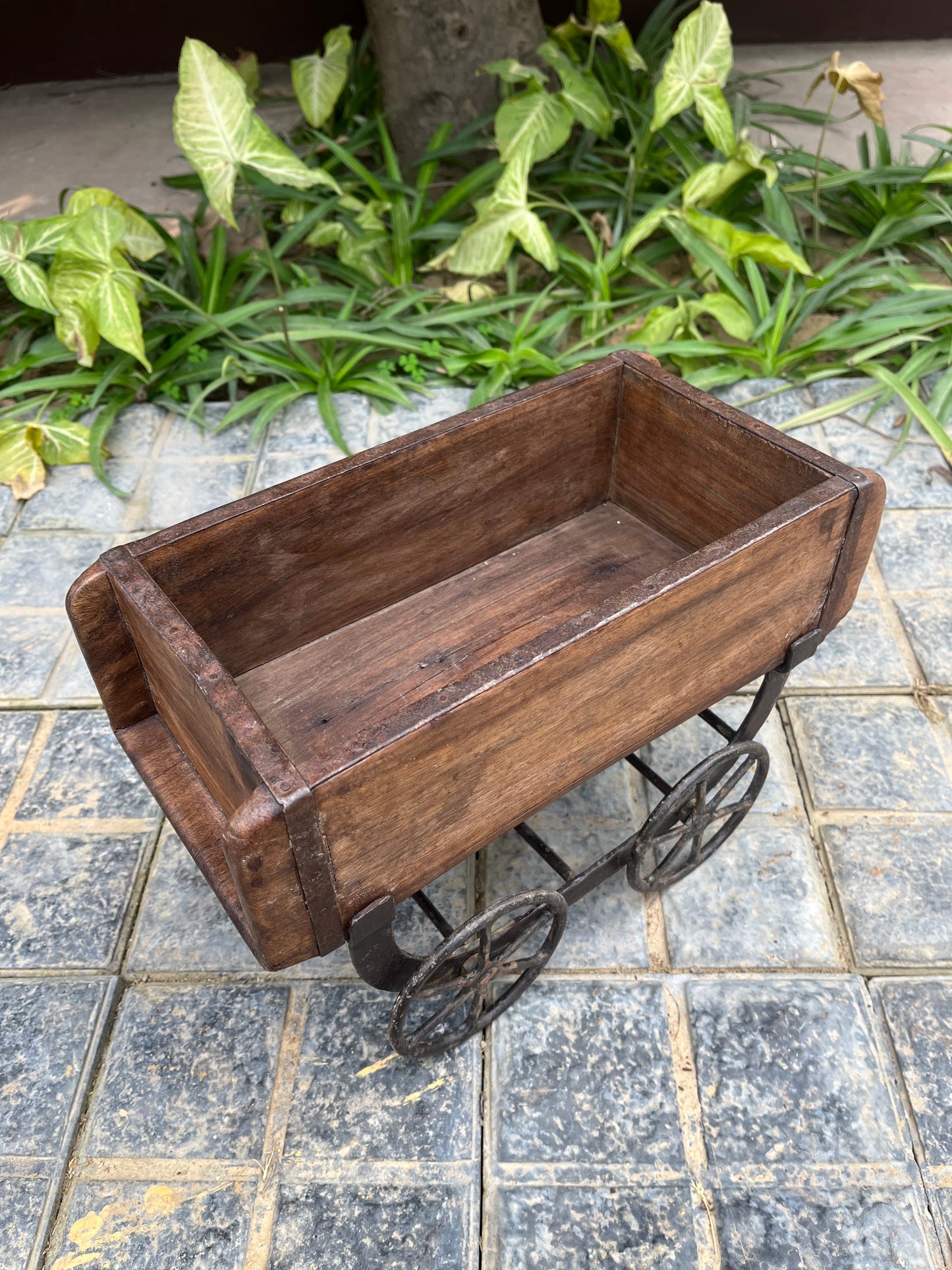 Wooden old Brick Mould wheel planter Stand