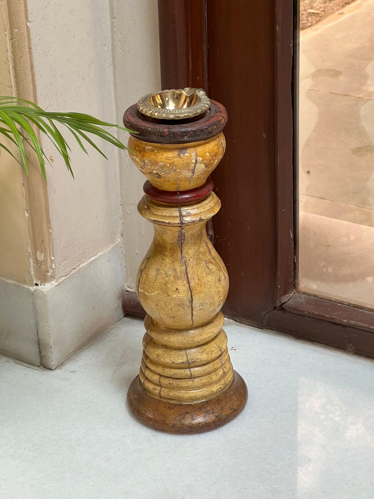 Wood Pillar Old Brass Diya