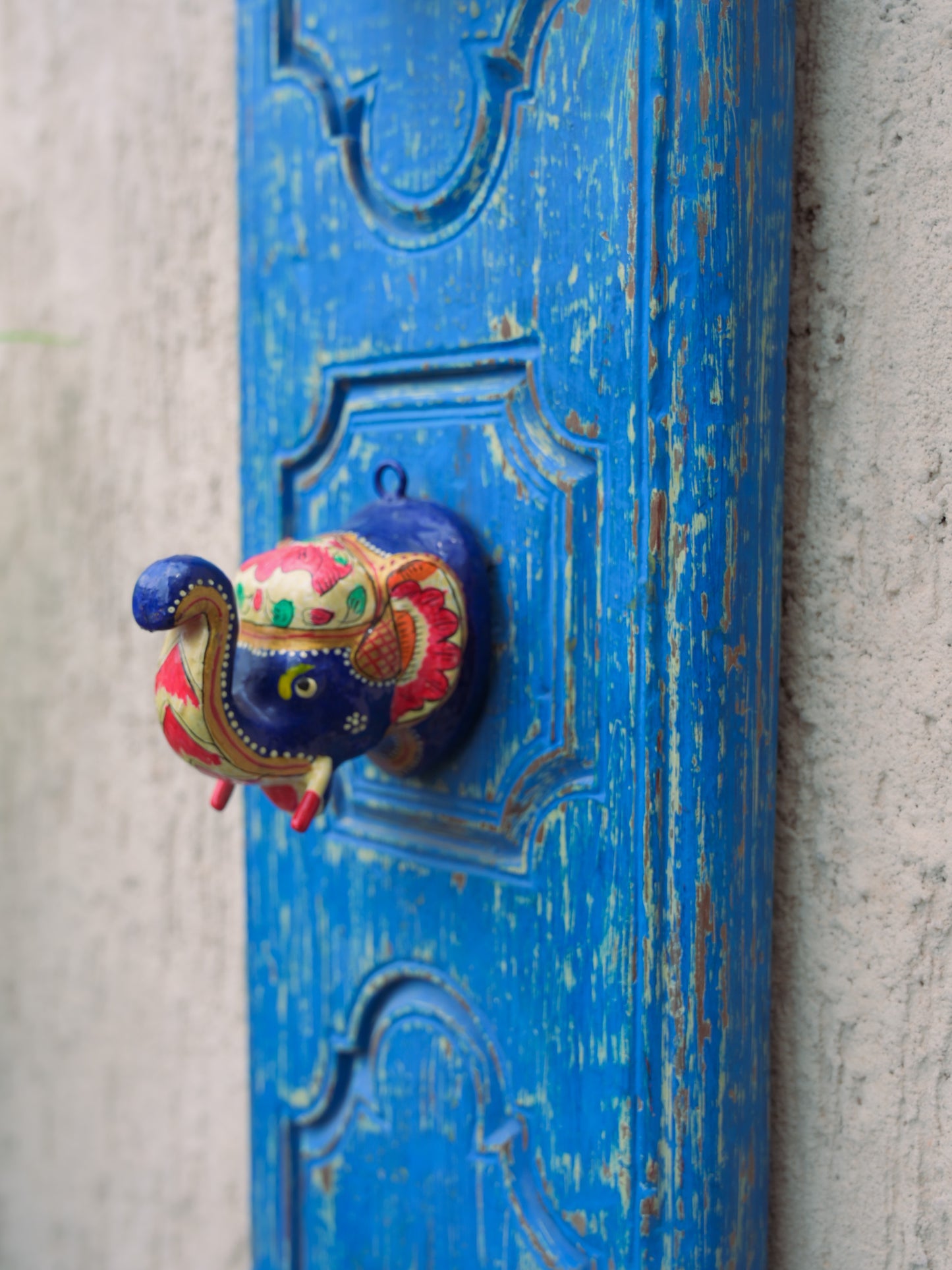 Vintage Blue Carved Elephant Head Panel