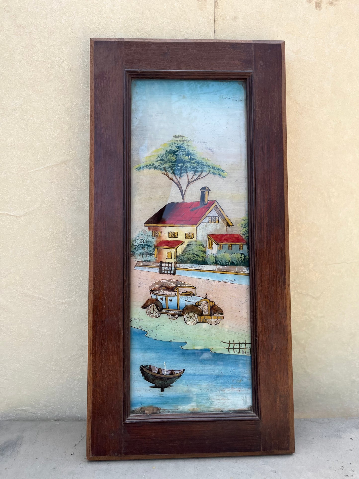 Vintage wooden Glass Interior Old painting