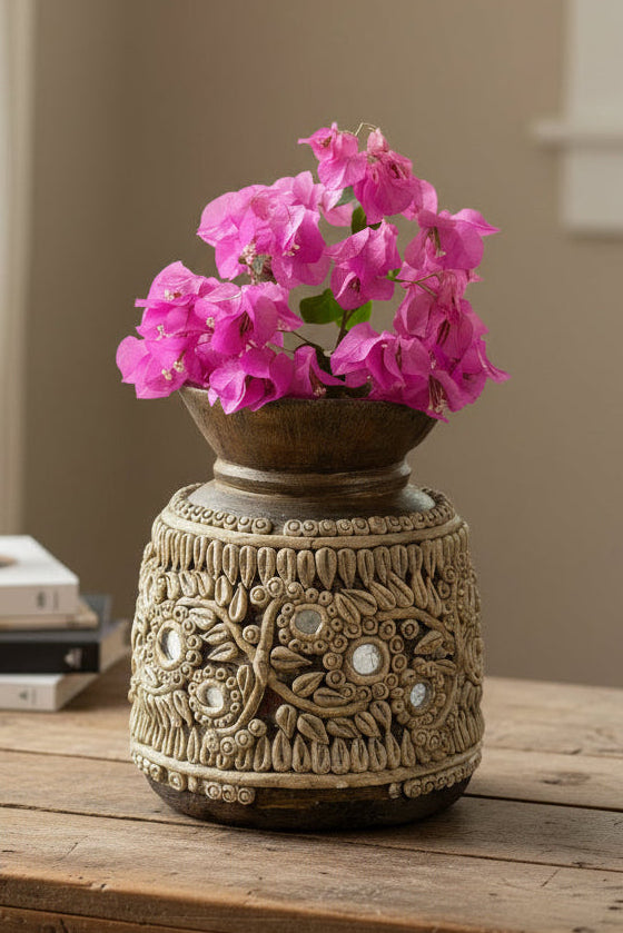 Wood Terracotta Mirror Pot