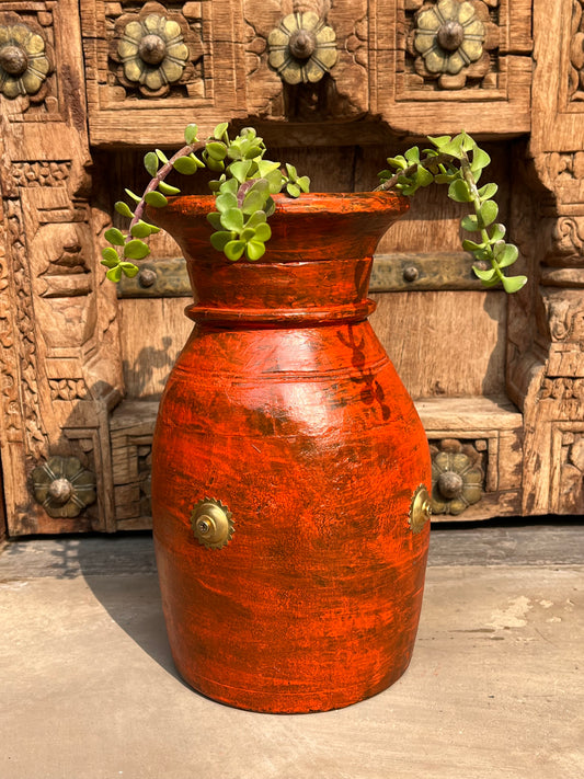 Wood Hand Crafted Pot With Brass flower