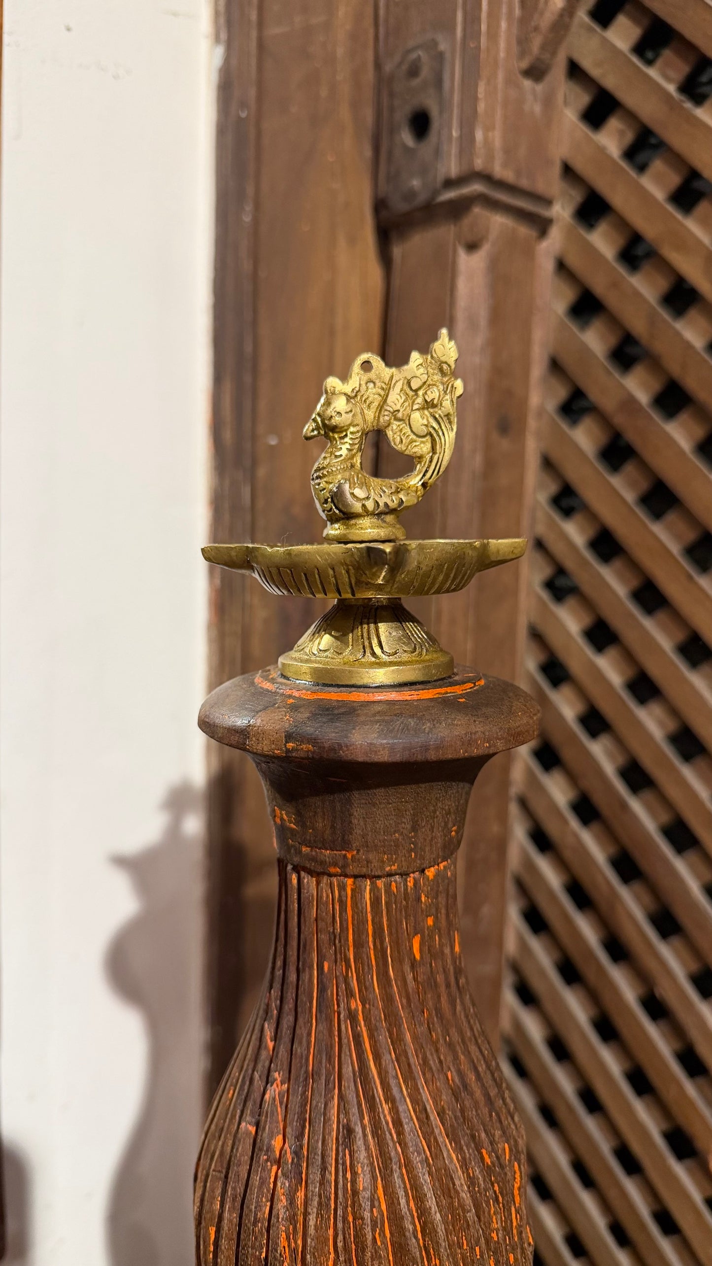 Wood Vintage Brass Diya Stand ￼