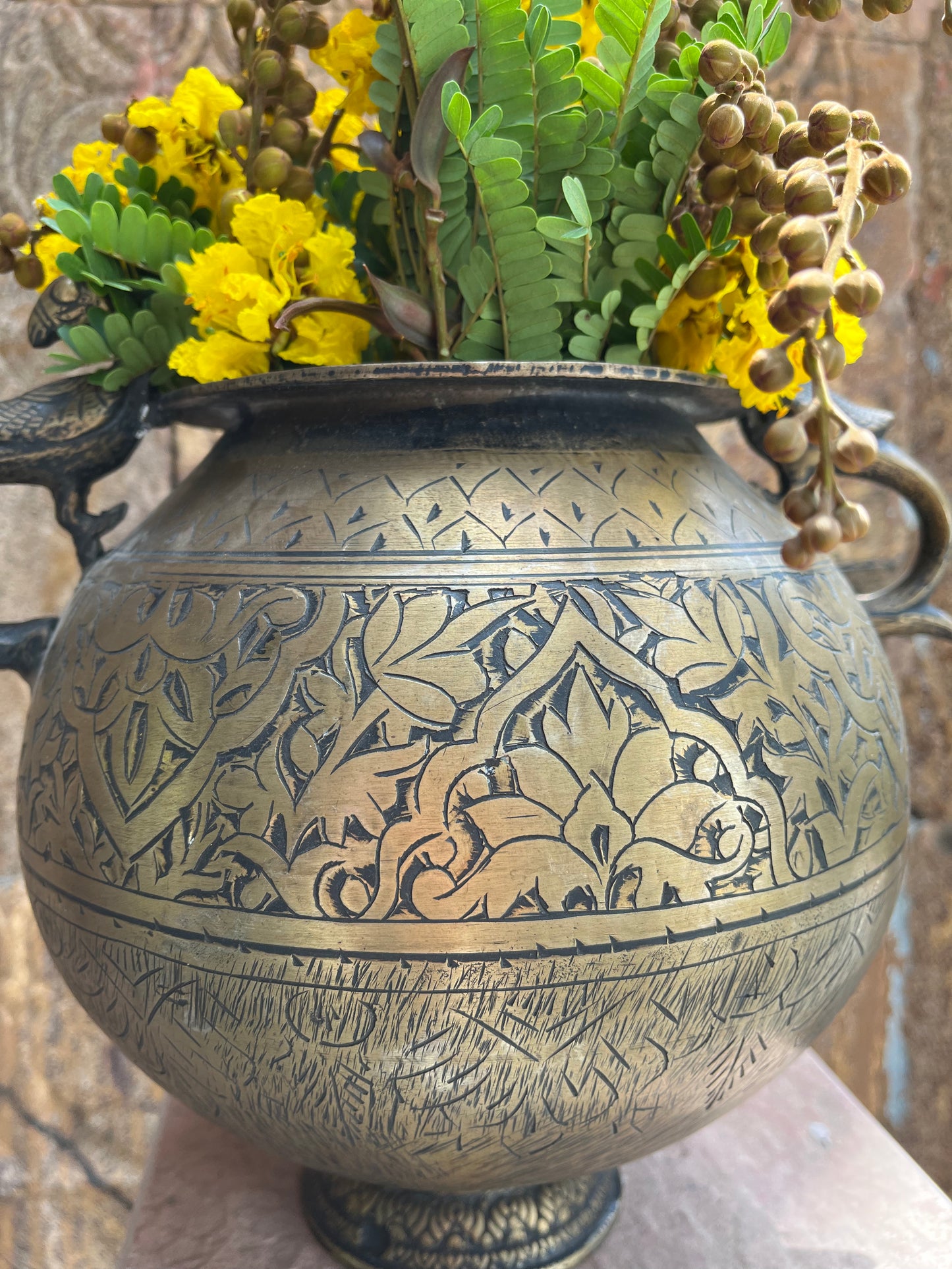 Vintage Brass  Pot With Pecock Handle