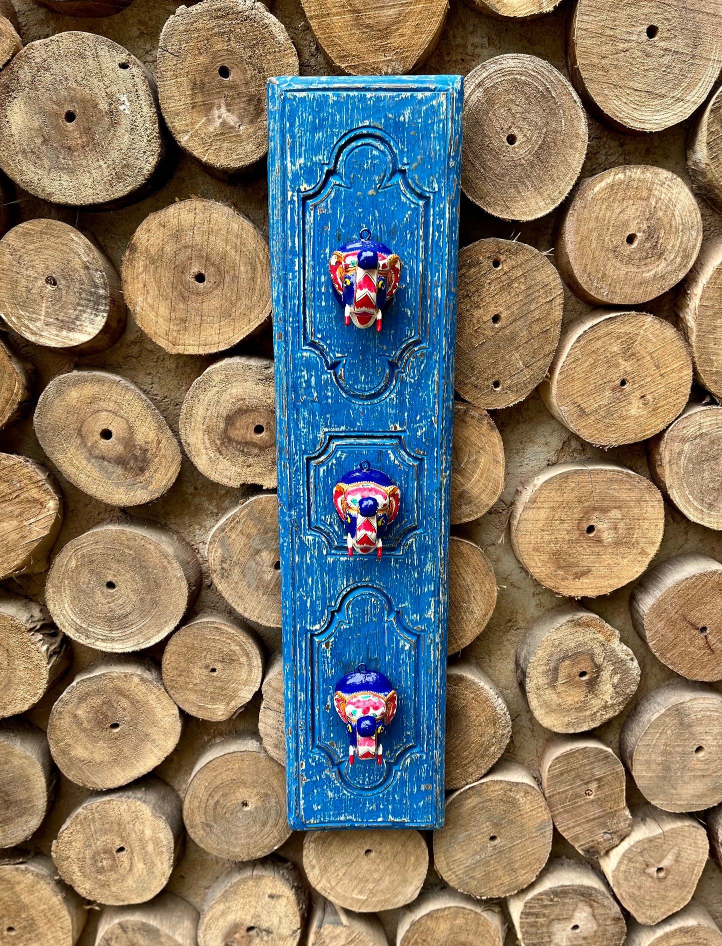 Vintage Blue Wall Decor Elephant Panel