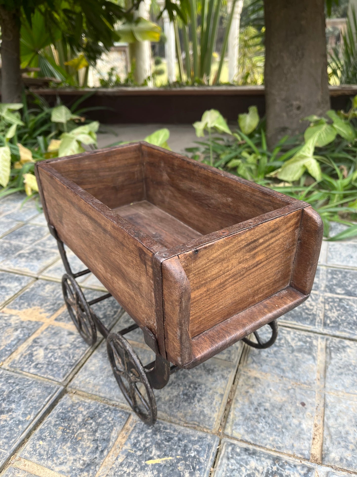 Wooden old Brick Mould wheel planter Stand