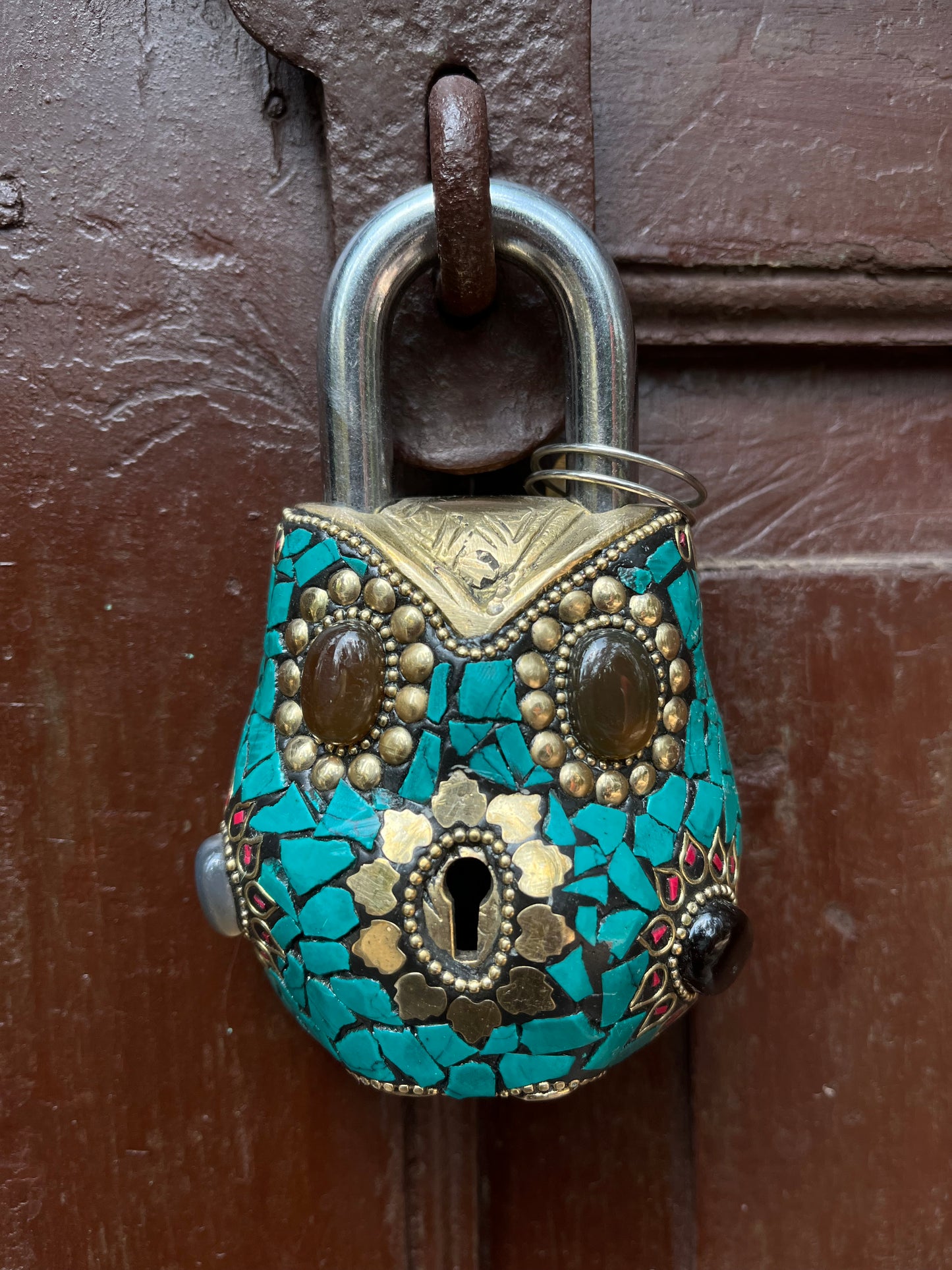 Brass Handwork Vintage Stone Owl  Lock 2 keys
