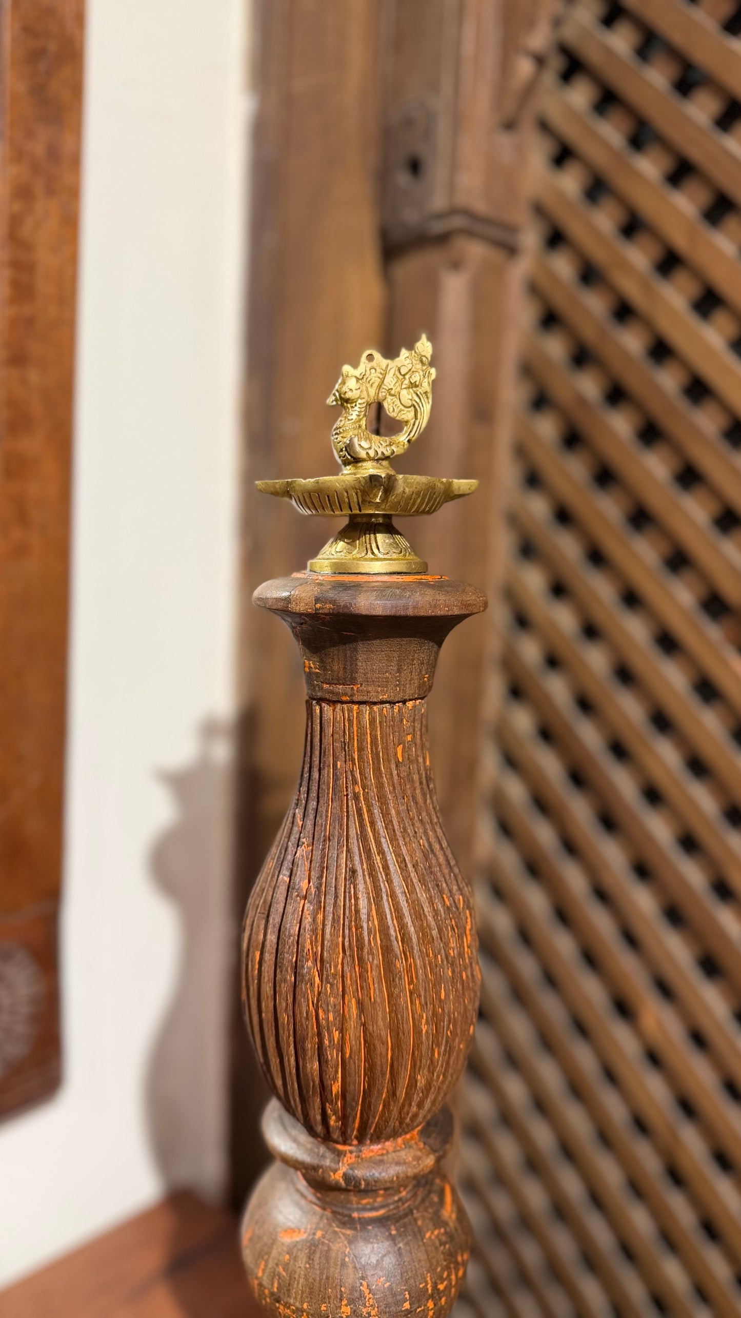 Wood Vintage Brass Diya Stand ￼