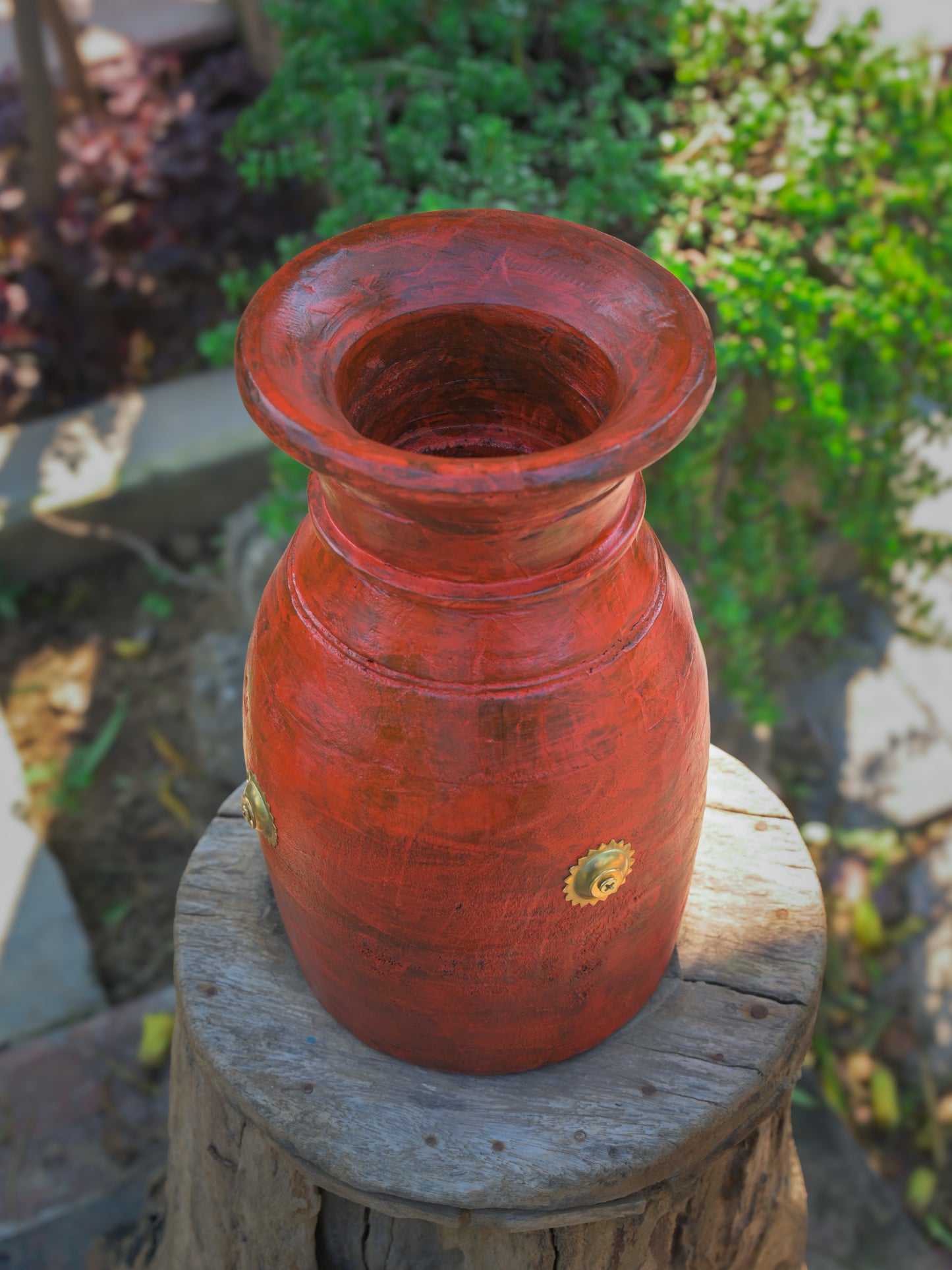 Wood Hand Crafted Pot With Brass flower