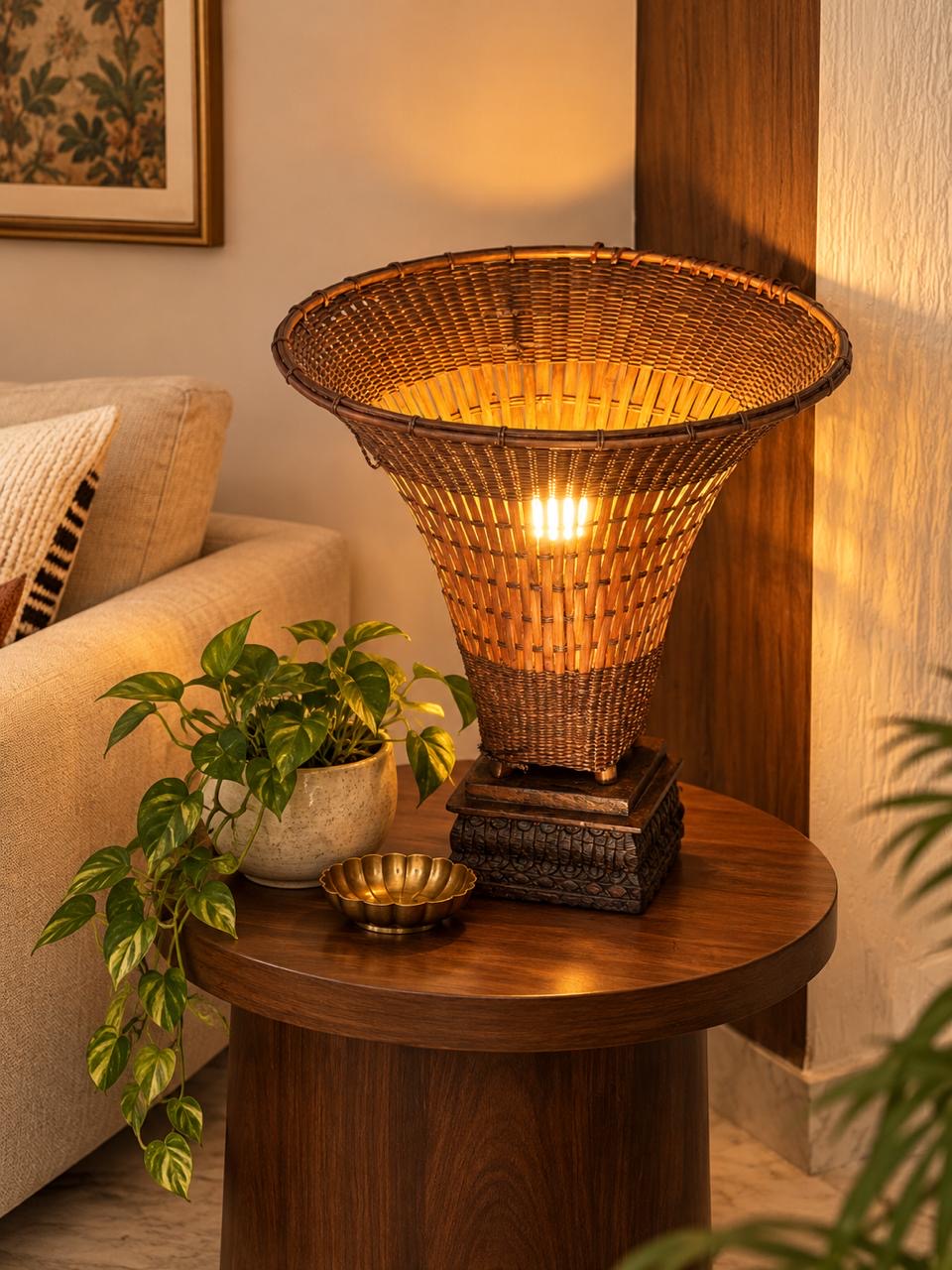 Vintage Wood Base Tea Basket Lamp