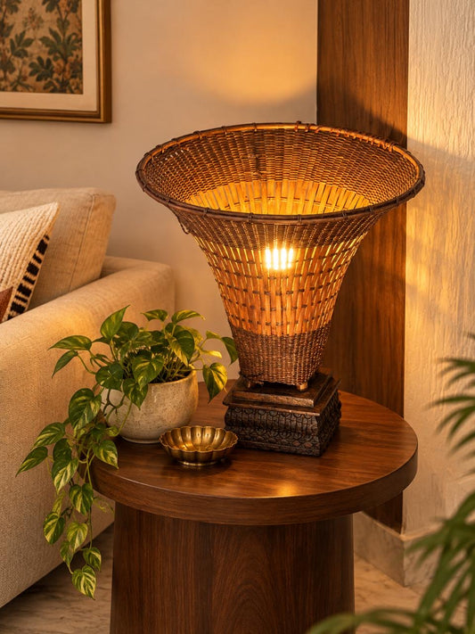 Vintage Wood Base Tea Basket Lamp