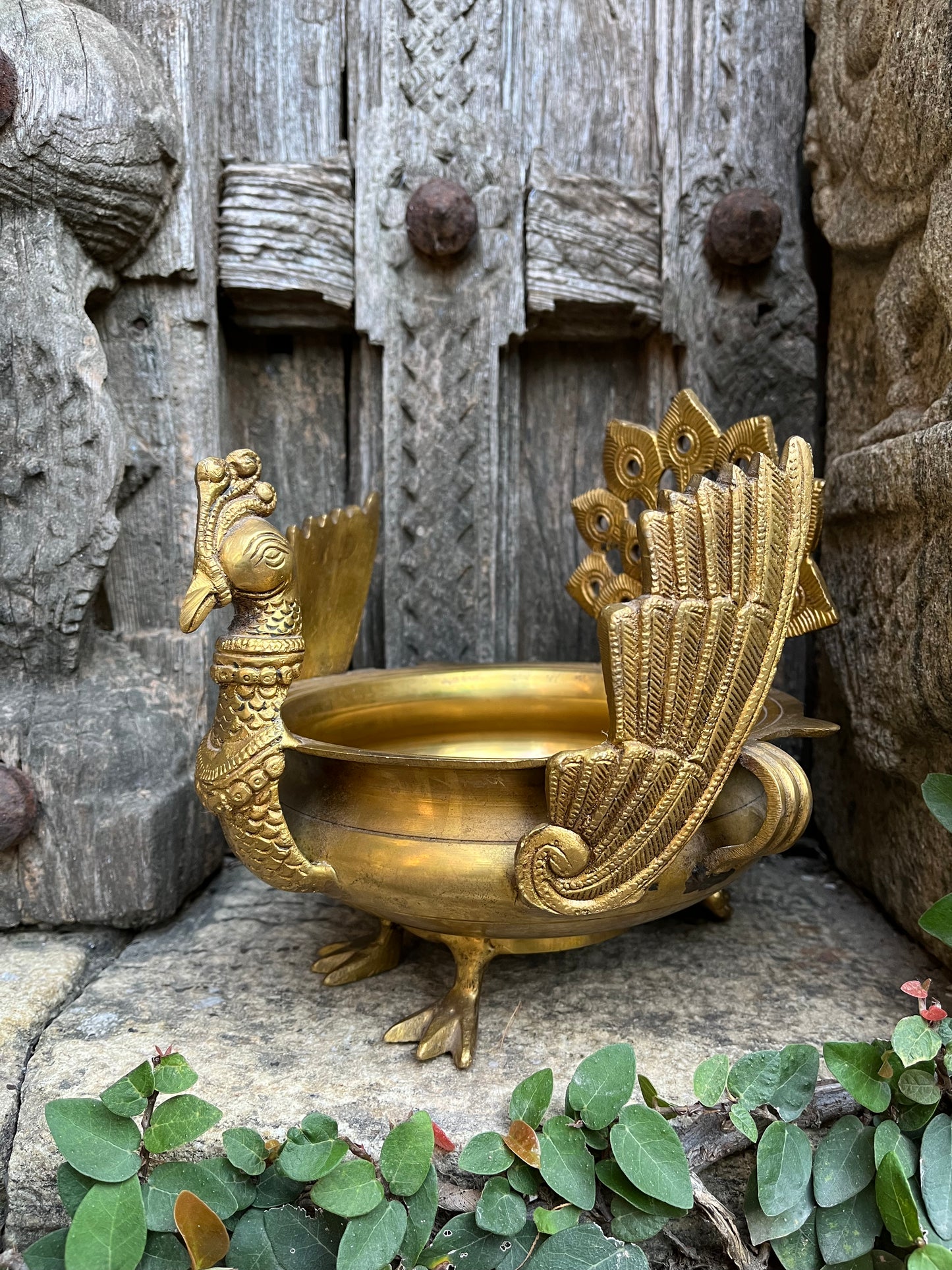 Gold Brass Urli With Peacock Stand 8"