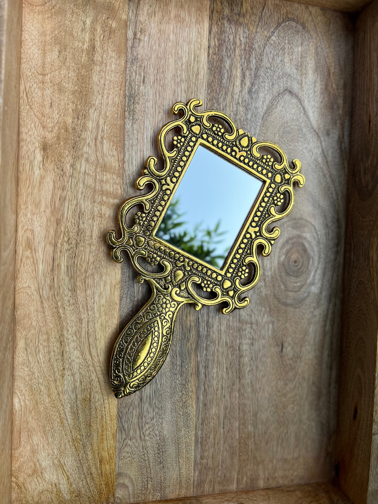 Metal Hand Mirror with Gold Finish