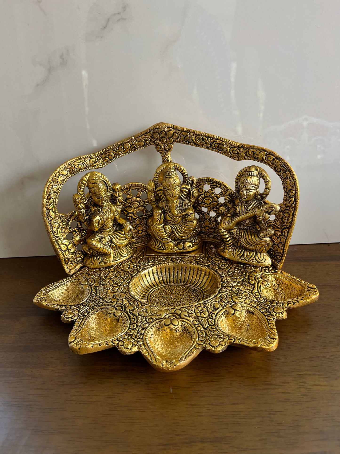 Metal Gold Laxmi Ganesh Saraswati Oil Lamp