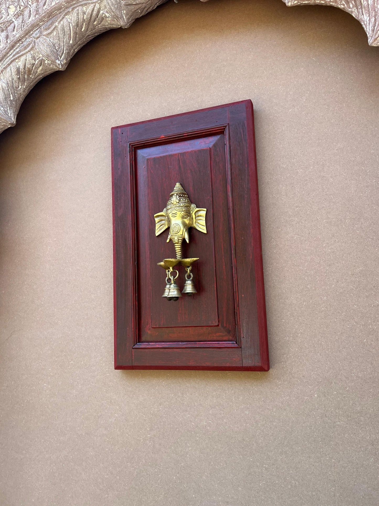 Old Teak wall Panel With Brass Ganesh Mask