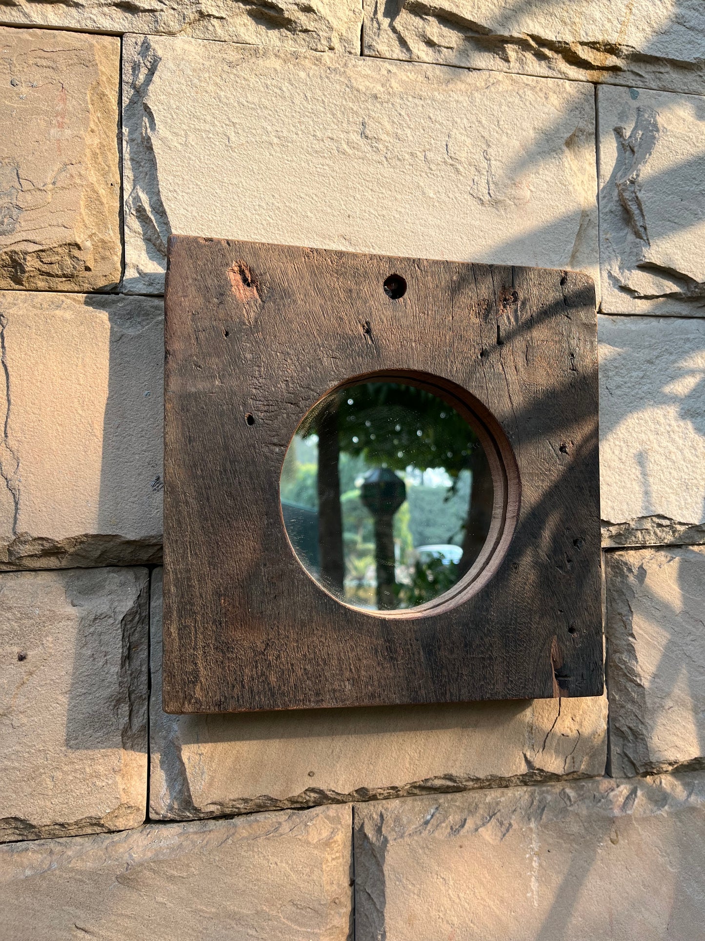 Wood Old Rustic Round Wall Mirror