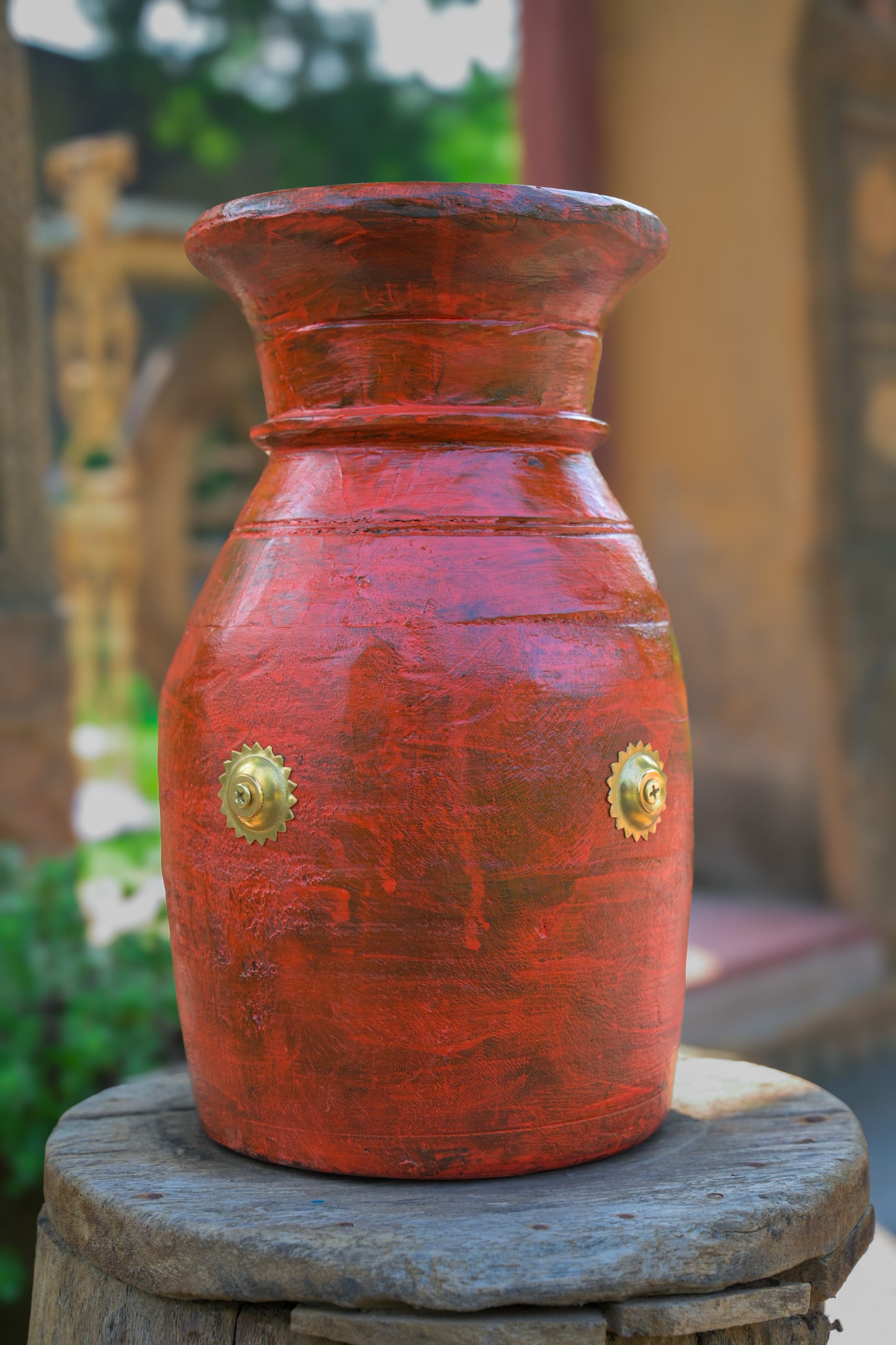 Wood Hand Crafted Pot With Brass flower