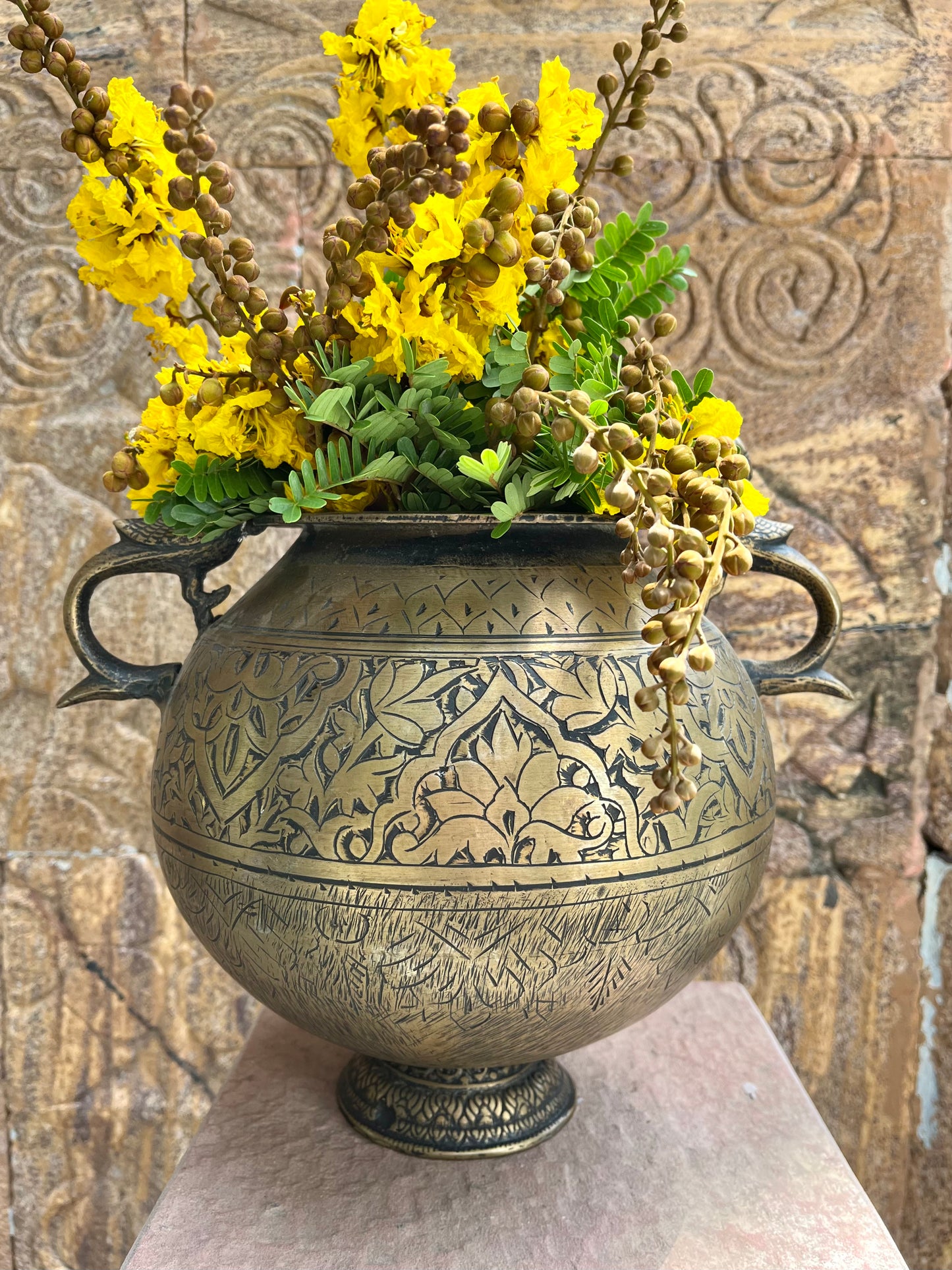 Vintage Brass  Pot With Pecock Handle