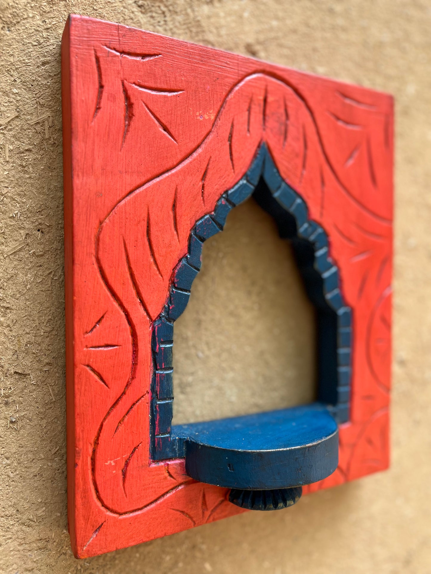 Wooden Orange painted Jharokha Lamp