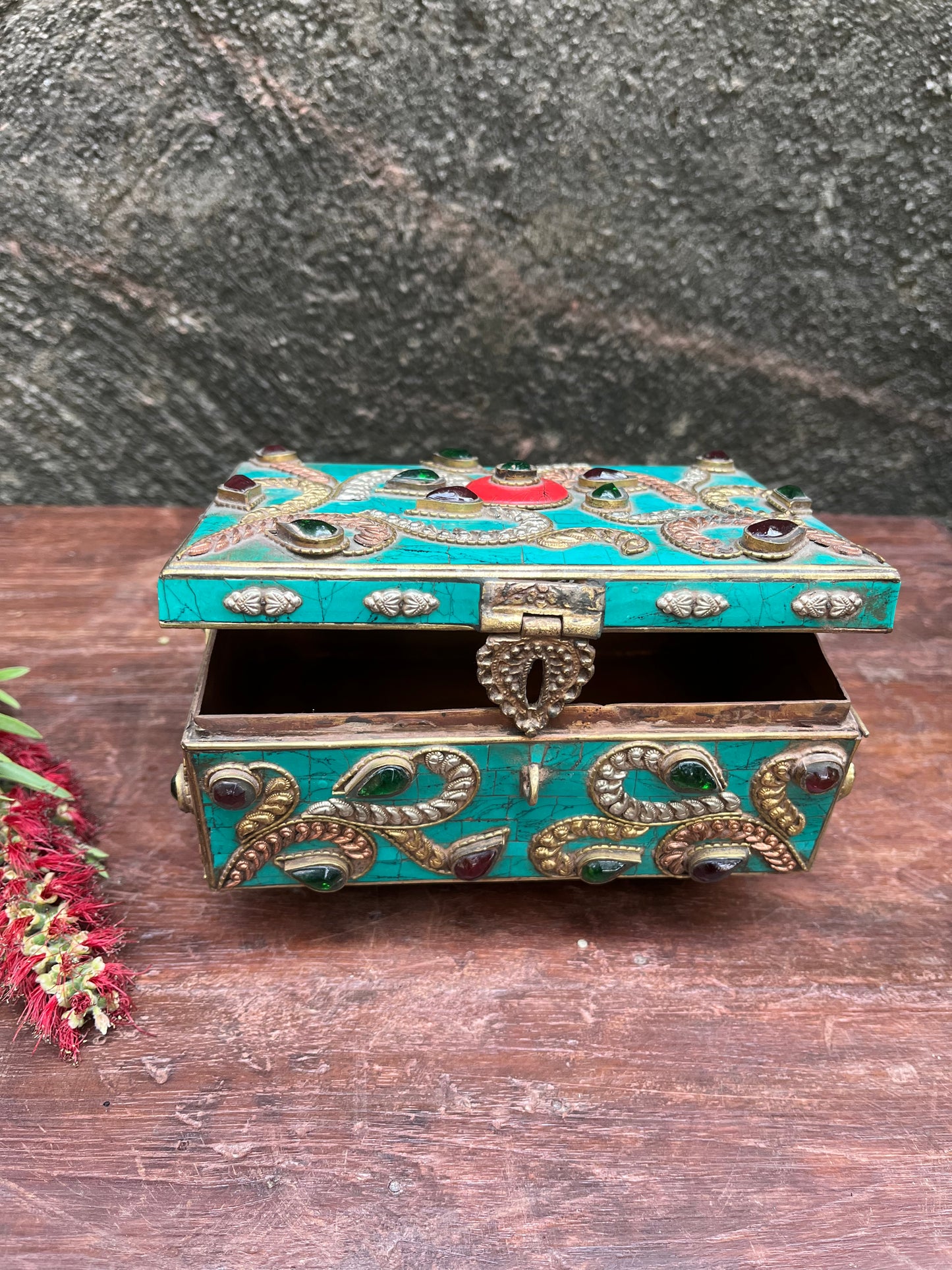 Brass Antique Finish Stone Work Jewelley Box