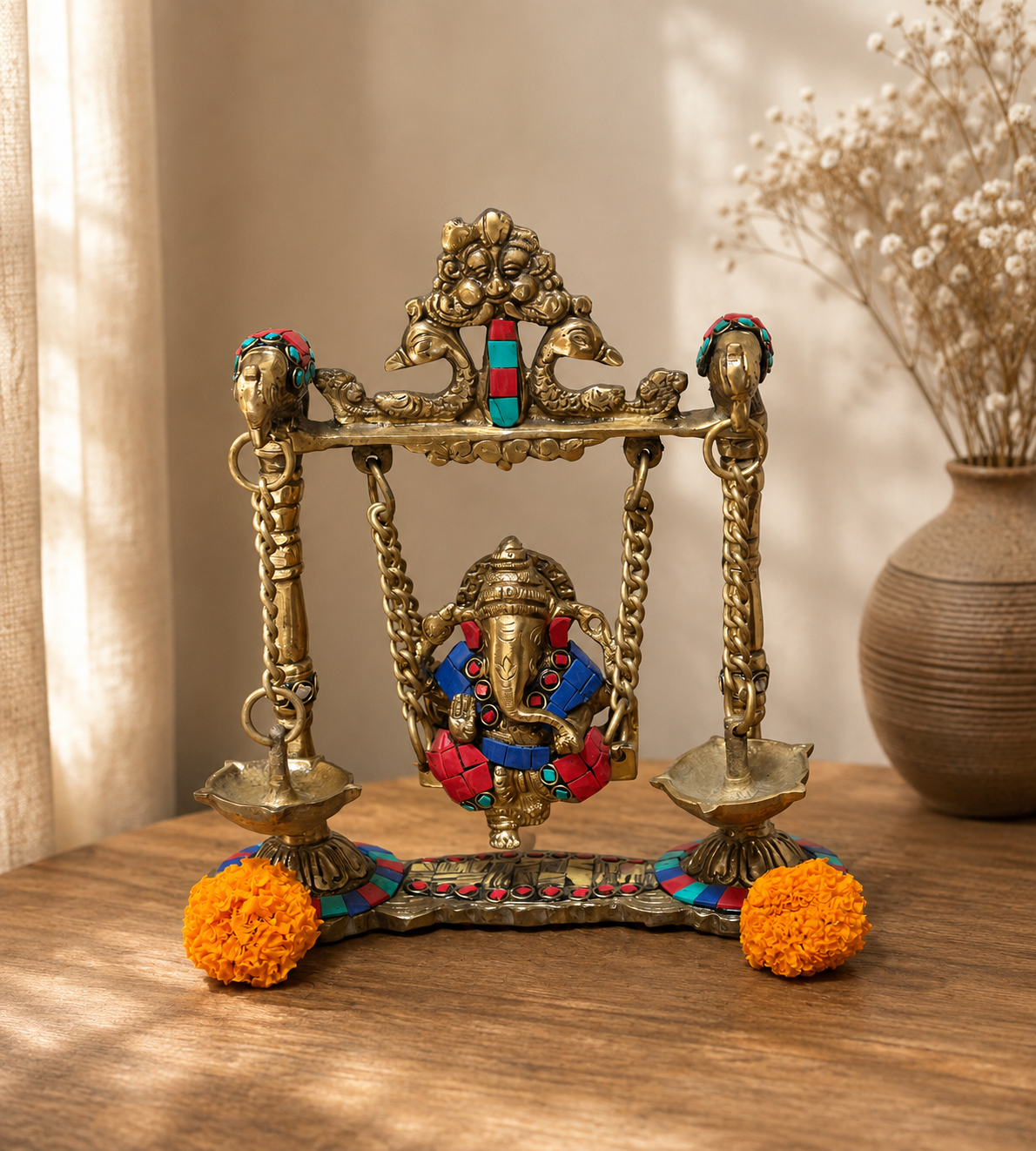 Brass Stone Swing Ganesha ￼
