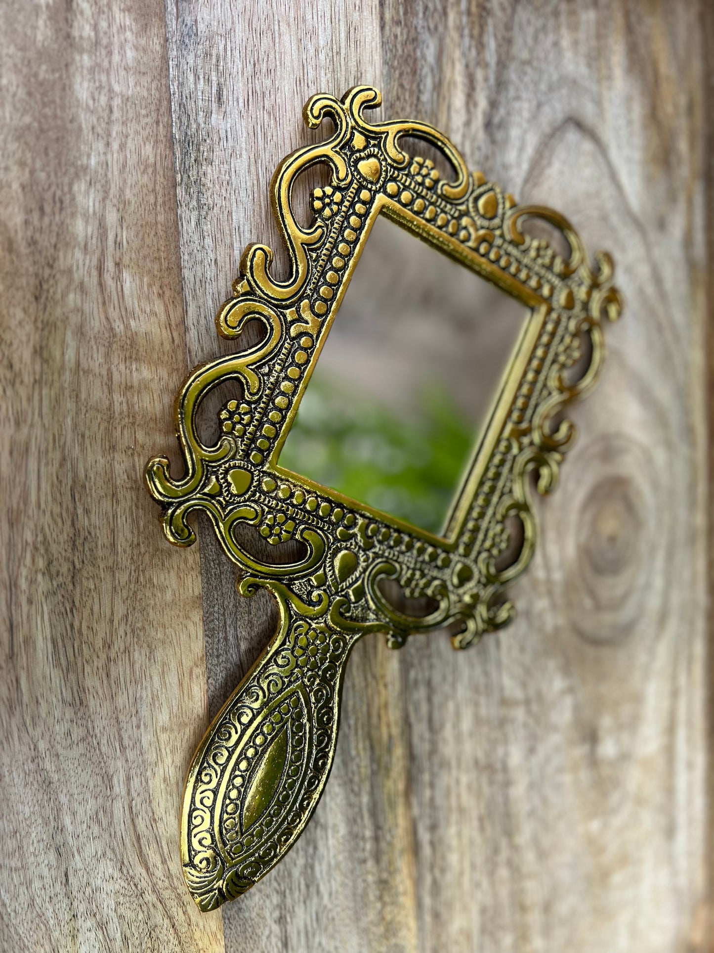 Metal Hand Mirror with Gold Finish