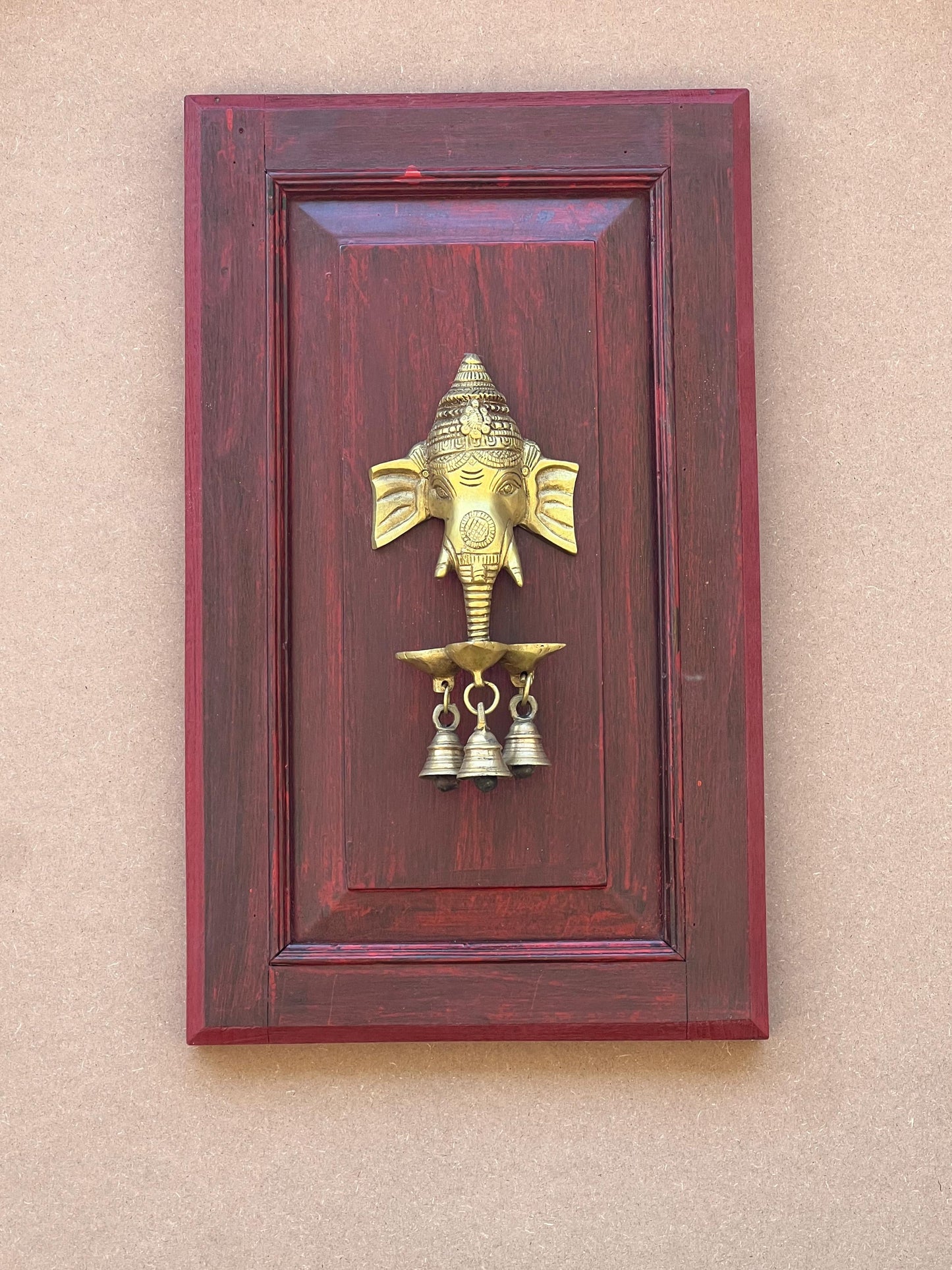 Old Teak wall Panel With Brass Ganesh Mask