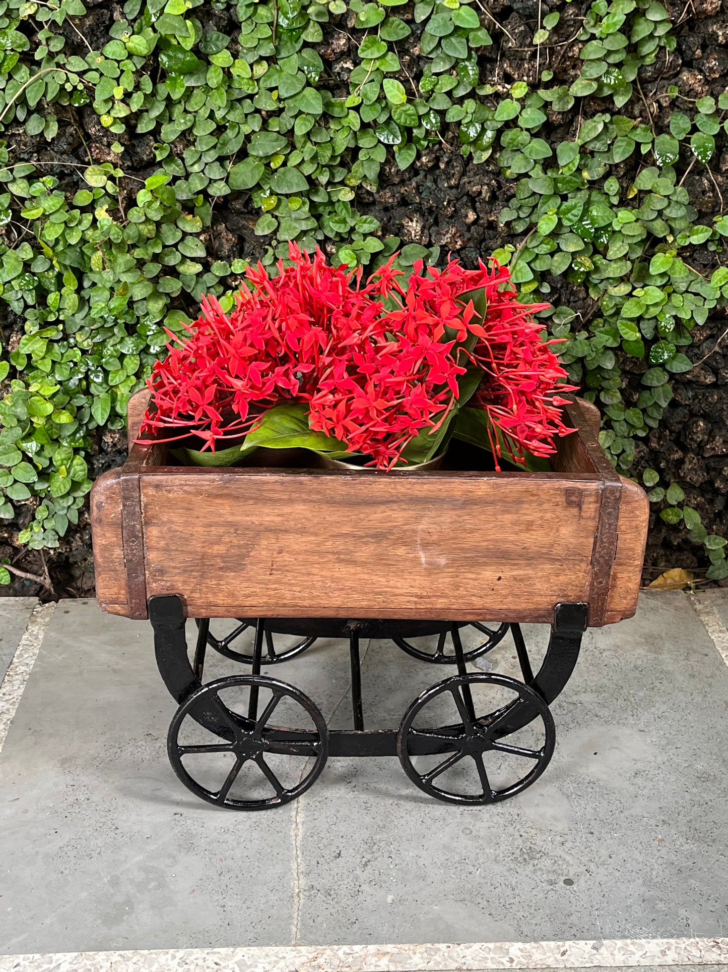Wooden Old Brick Mould wheel planter Stand