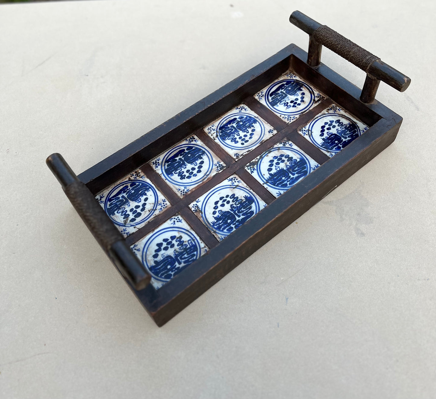 Wooden Blue Old Tile Tray