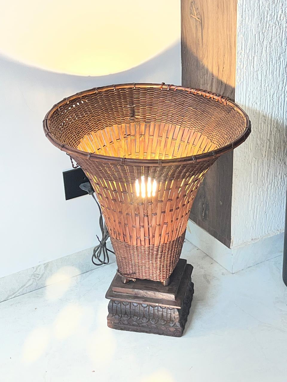 Vintage Wood Base Tea Basket Lamp