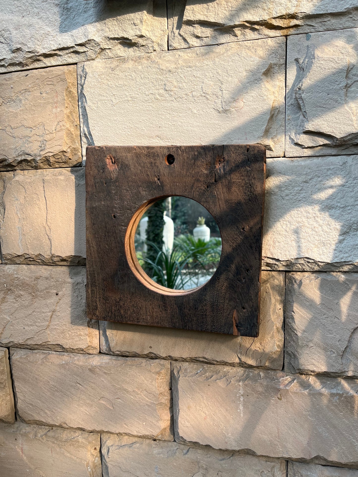 Wood Old Rustic Round Wall Mirror