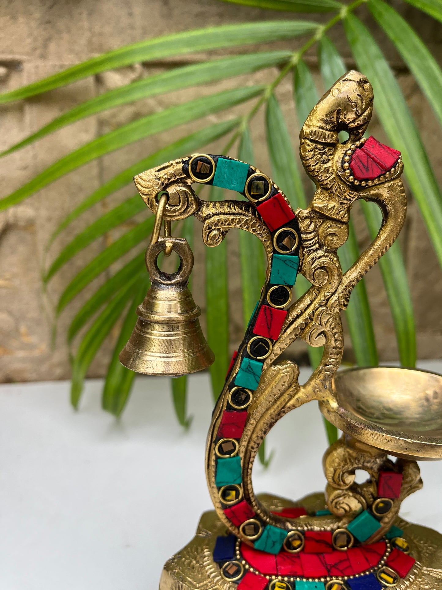 Elegant Brass Stone Deepak Oil Lamp With Bell