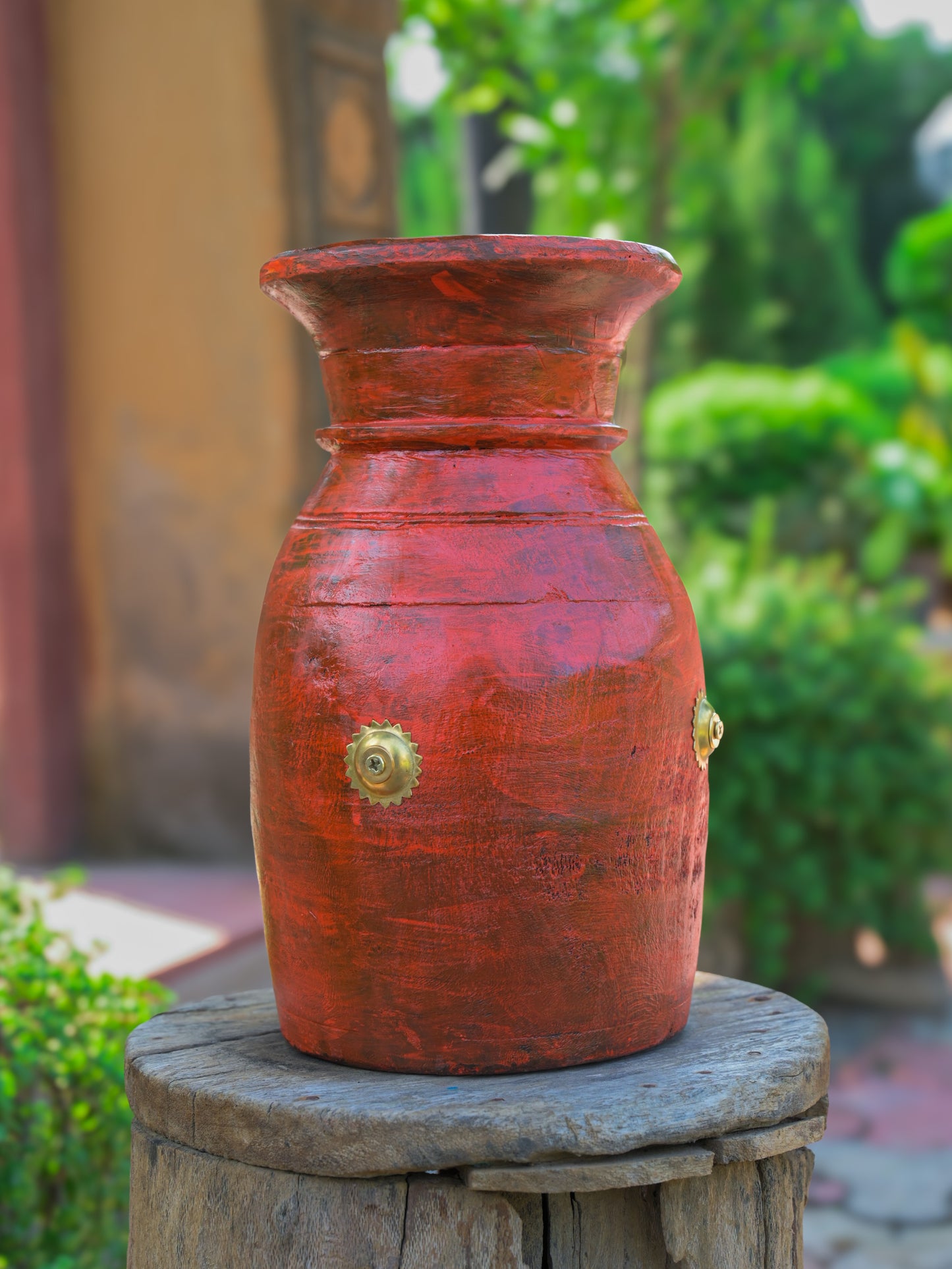 Wood Hand Crafted Pot With Brass flower